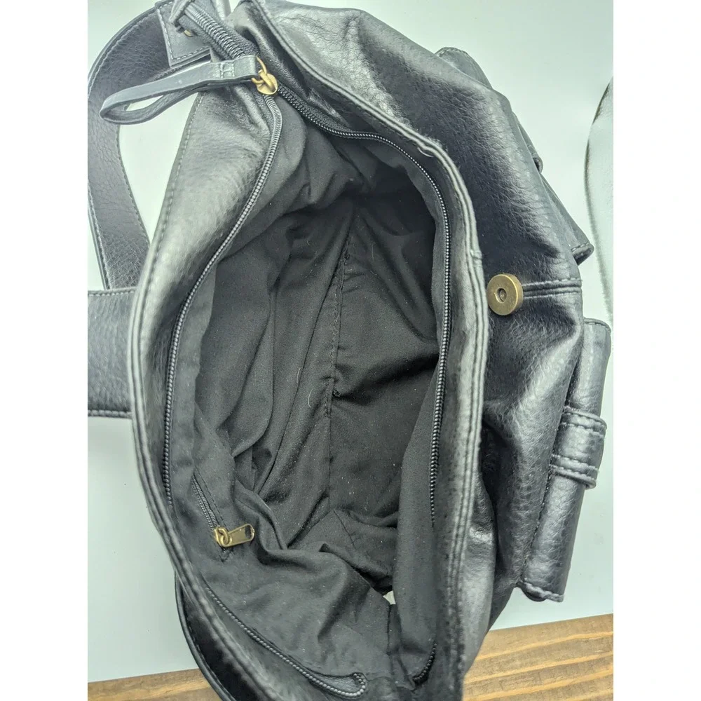 Vintage Black Faux Leather Shoulder Bag Purse with Buckled Pockets‎ Trendy
